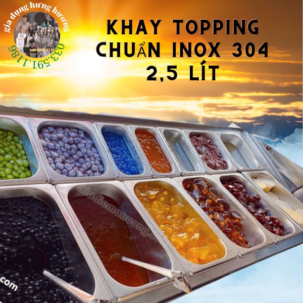 khay đựng topping, thạch bằng inox 304 không gỉ có nắp đậy khay 1/4 - 2,5 lít inox