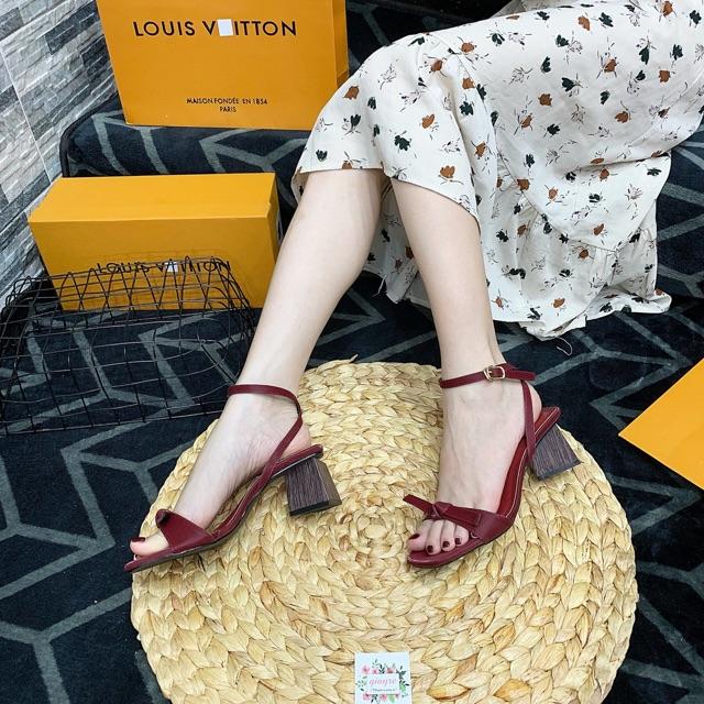 Sandal quai mảnh thắt nơ đế gỗ sẫm 6p