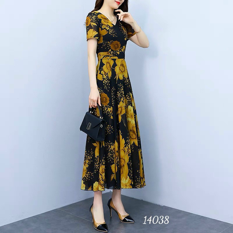 Đầm váy nữ voan midi hoa tay ngắn cổ V dự tiệc đám cưới đen vàng cao cấp