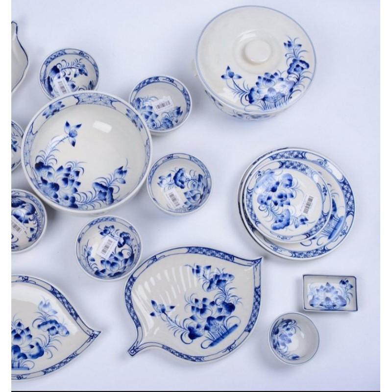 Bộ đồ ăn men lam cổ vẽ hoa Sen 18 MÓN ,đầy đủ