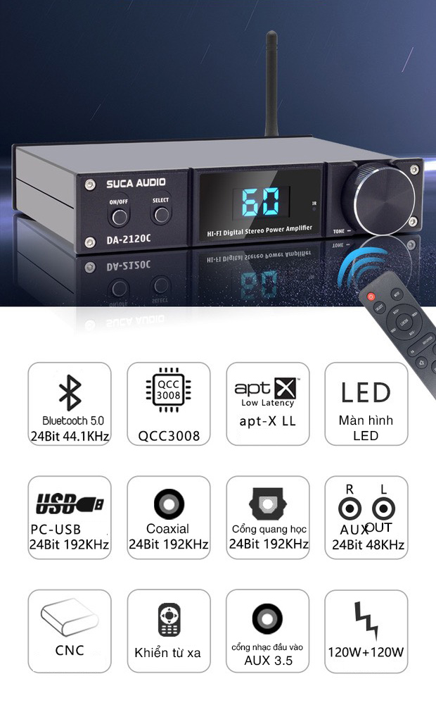 Suca Audio DA 2120C - Amply liền DAC giải mã âm thanh chất lượng cao - 2 kênh, Công suất 120w/kênh, bluetooth 5.0, cổng quang học, có khiển từ xa - Hàng chính hãng 