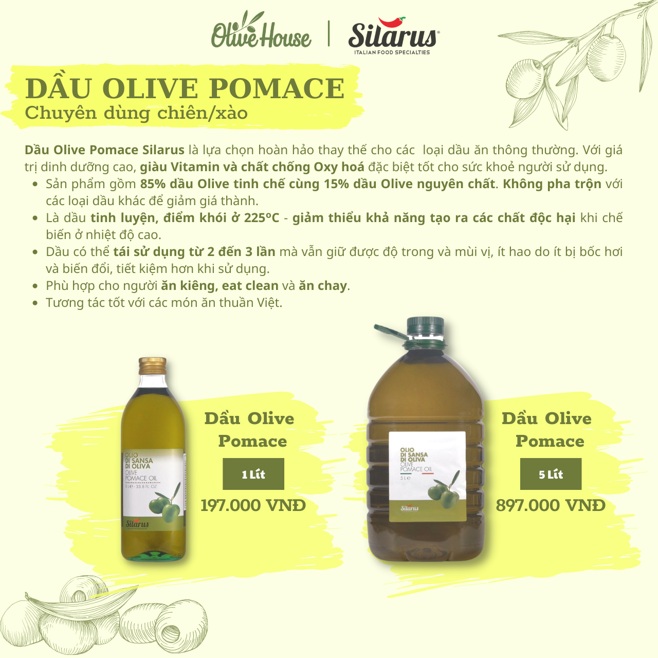 Dầu Olive POMACE Silarus 5 Lít dùng chiên rán, nấu ăn hằng ngày, giảm chất béo có hại - thương hiệu Silarus nhập khẩu từ Ý