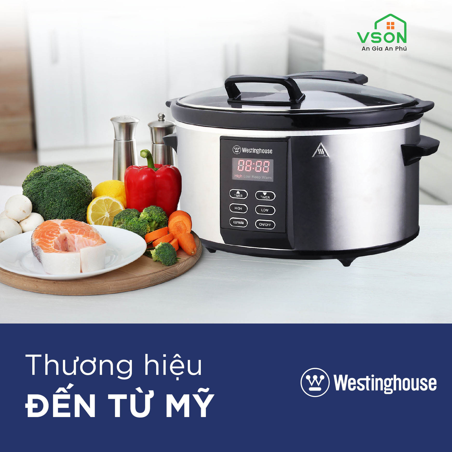 Nồi nấu chậm 6 Lít WestingHouse WKSC65 6L Công suất 270W Nồi bên trong bằng gốm Vỏ thép không gỉ - Hàng chính hãng