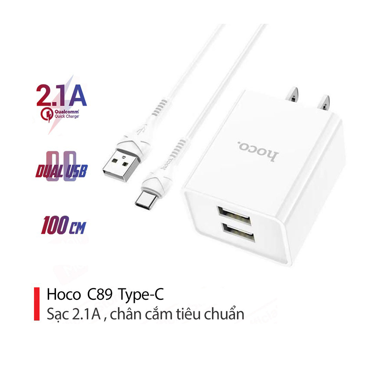 Bộ sạc 2.1A Hoco C89 chân dẹt 2 cổng USB kèm dây Type-C dài 1M cho Android - Hàng chính hãng