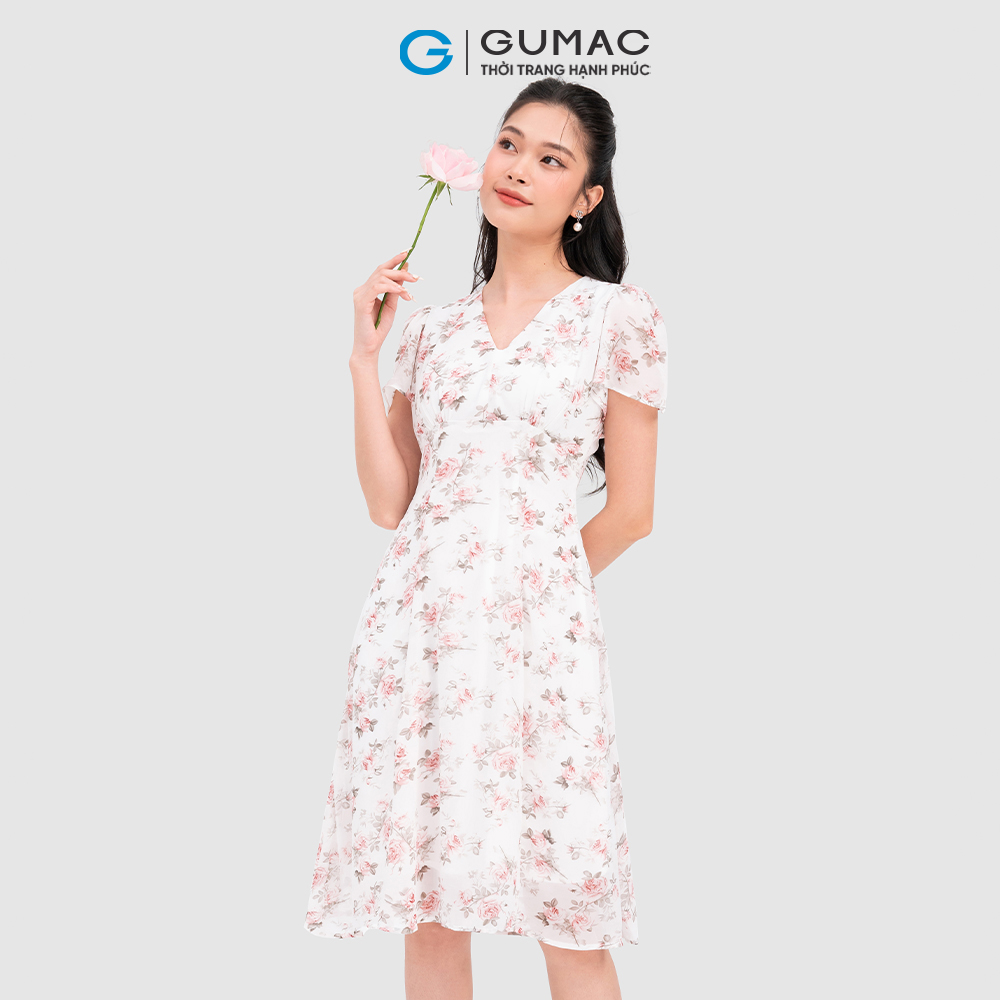 Đầm hoa GUMAC LD0925 nhún ngực cổ V nữ tính