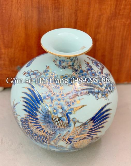 Bình hút tài lộc gốm sứ Bát Tràng cao cấp vẽ vàng 24K hoạ tiết chim hạc hoa đào cao 24cm