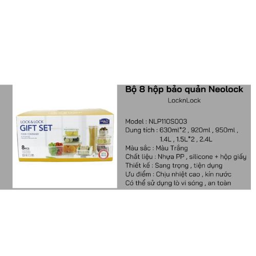 Bộ 8 Hộp Nhựa Đựng Thực Phẩm Lock&amp;Lock Neolock NLP110S003 (Dung Tích: 2.4L- 2  Hộp 1.5L; 1.4L; 920ml; 900ml; 2 hộp 630ml) + Color box - Hàng Chính Hãng