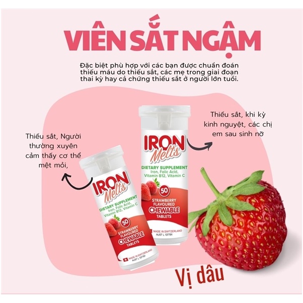 Viên sắt ngậm vị dâu Iron Melts Chewable, Úc (50v) bổ sung sắt cho bé từ 4 tuổi trở lên, mẹ bầu và mẹ sau sinh