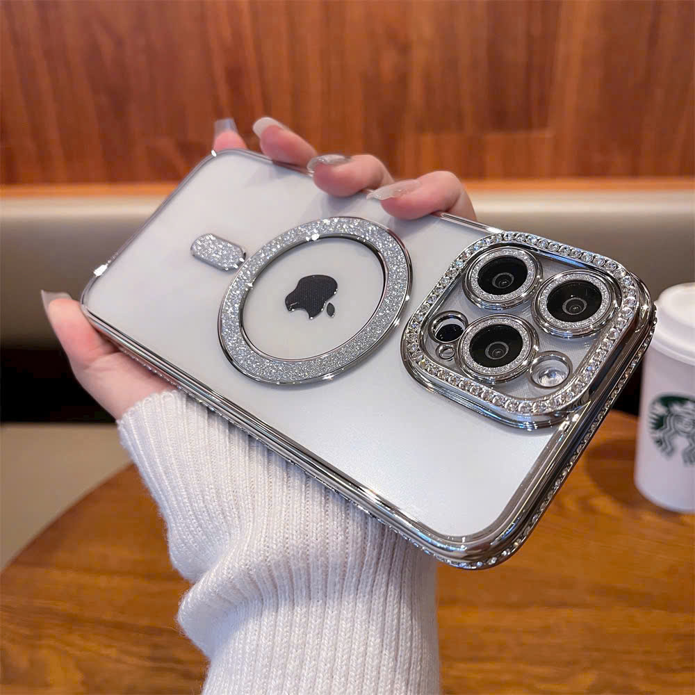 Ốp hỗ trợ sạc từ tính kim tuyến đính đá bảo vệ camera dành cho iphone 14 Plus - Hàng nhập khẩu