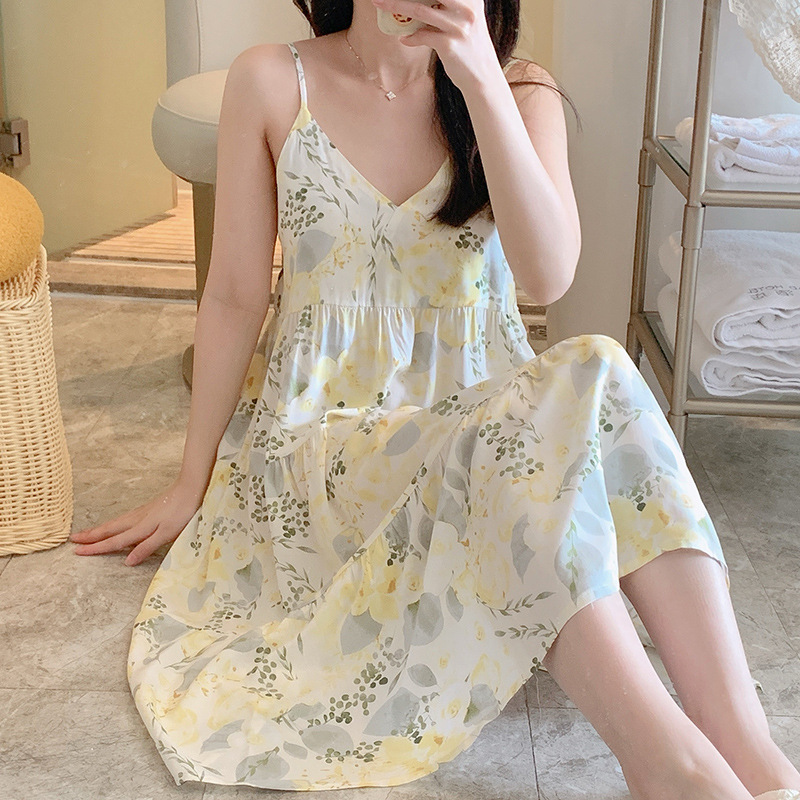 Váy 2 dây cho nữ mặc nhà vải lanh mềm mát, dáng xòe, nhiều họa tiết, freesize từ 45 đến 75 kg