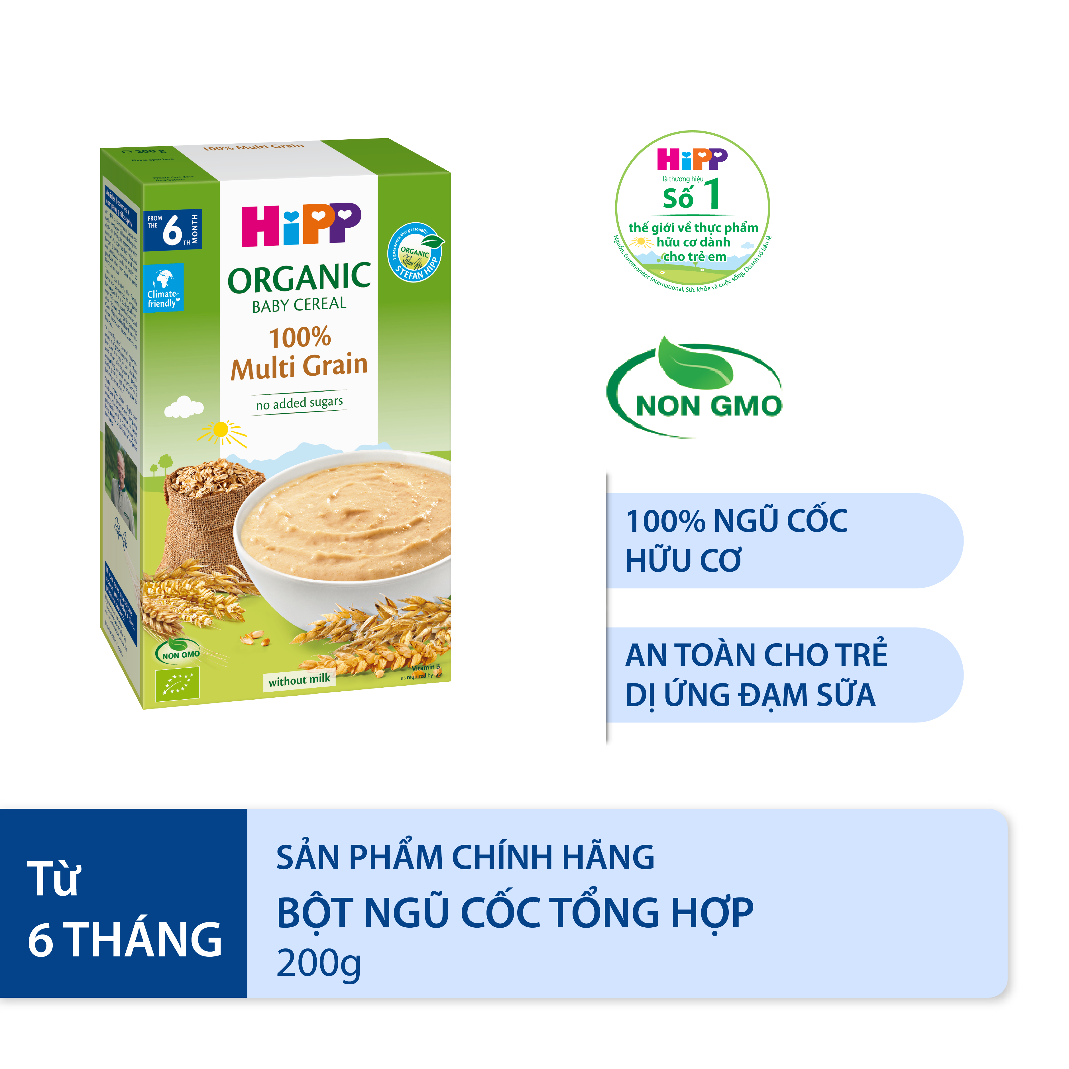 Combo 3 bột ăn dặm không chứa sữa HiPP Organic Baby Cereal 100% hữu cơ cho trẻ từ 4 tháng tuổi: Bột gạo nhũ nhi, Bột ngũ cốc tổng hợp, Bột ngũ cốc bắp non (3 hộp x 200g)