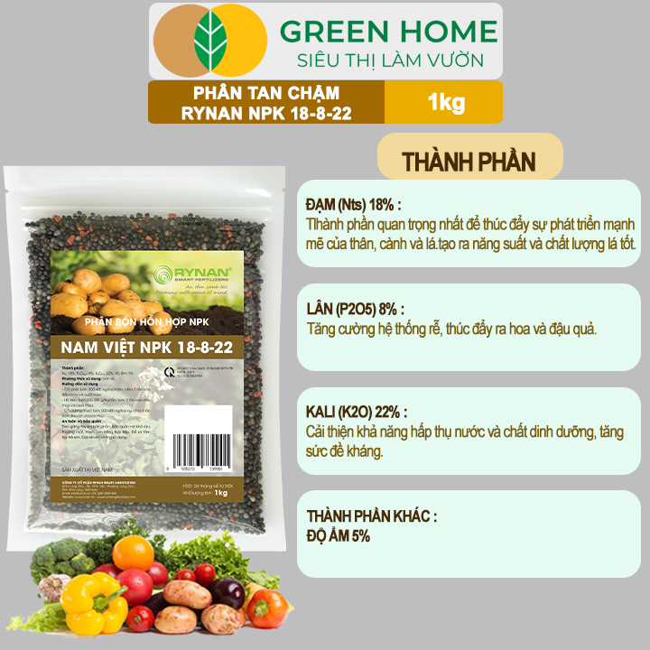 Phân Tan Chậm GreenHome, Rynan NPK 18-8-22, Túi 1kg, Dùng Cho Cây Ăn Trái,Cây Lâu Năm Phục Hồi Nhanh