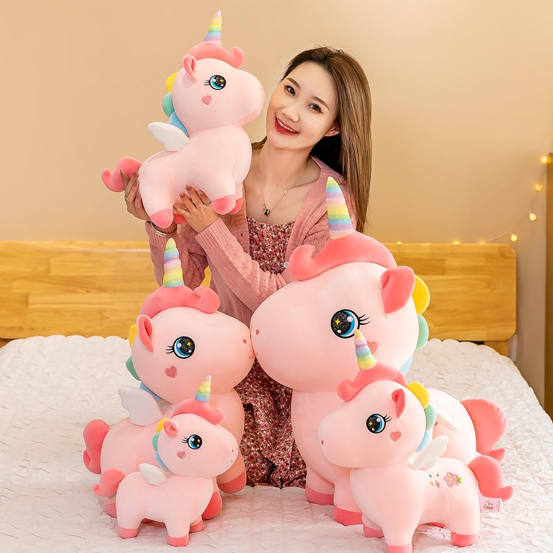 Gấu bông kì lân Unicorn thêu hoa màu hồng dễ thương cho bé kích thước 30-40-50-70cm