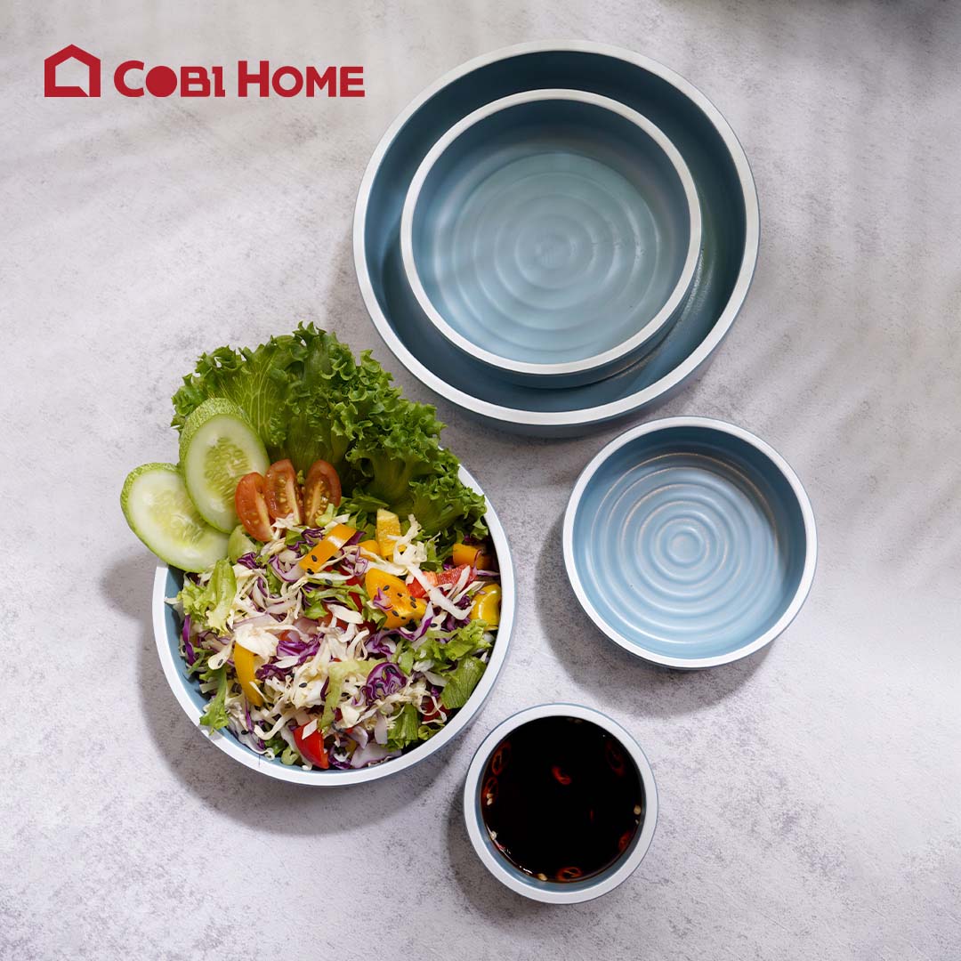 Dĩa tròn bằng melamine cao cấp màu xanh vân trắng sâu lòng