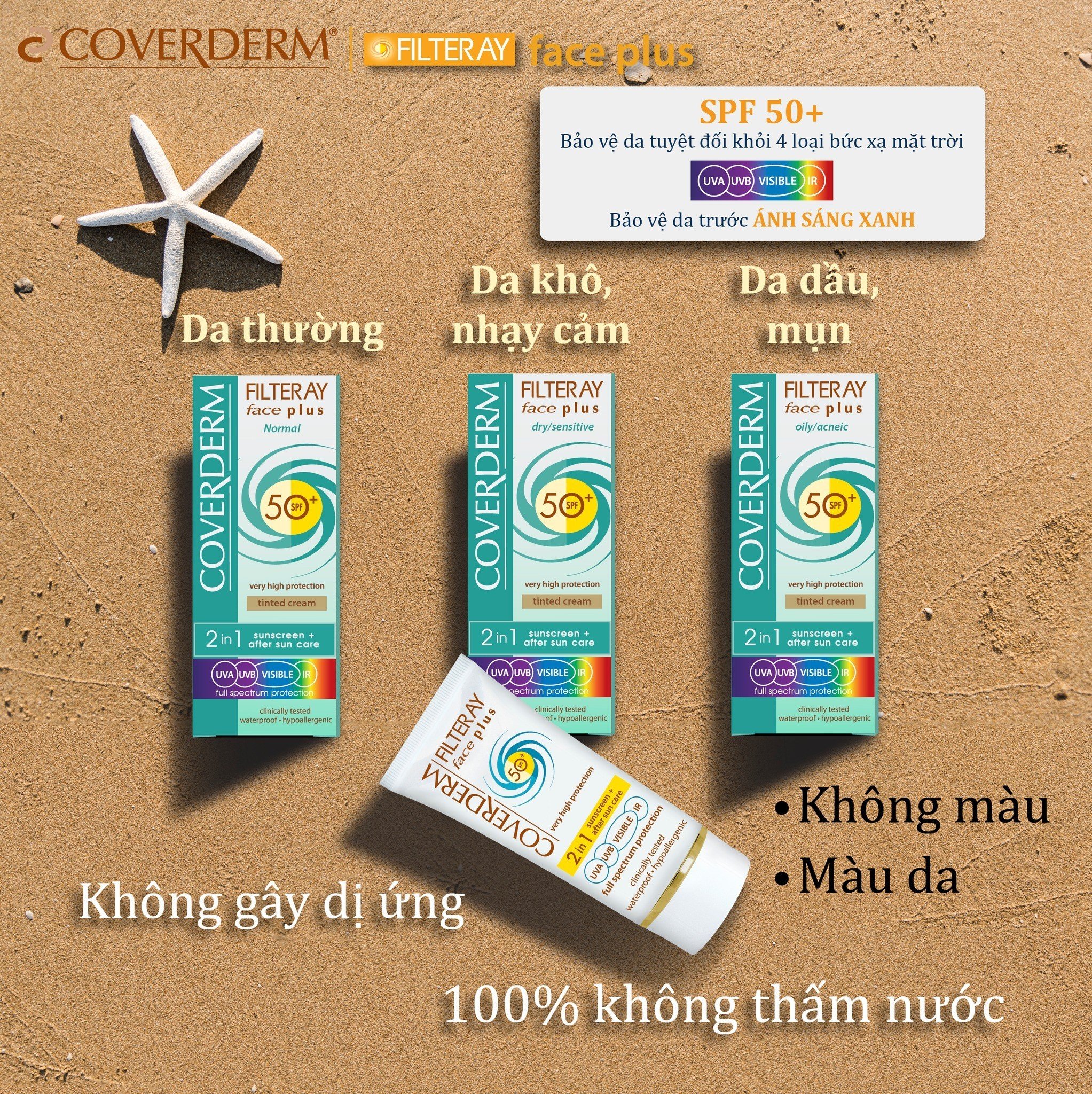 Kem Chống Nắng Vật Lý Và Hóa Học 2 Trong 1 COVERDERM FILTERAY Face Plus Cho Da Khô/Nhạy Cảm; Da Thường; Da Dầu/Mụn 50ml (Có Màu và Không Màu) SPF 50