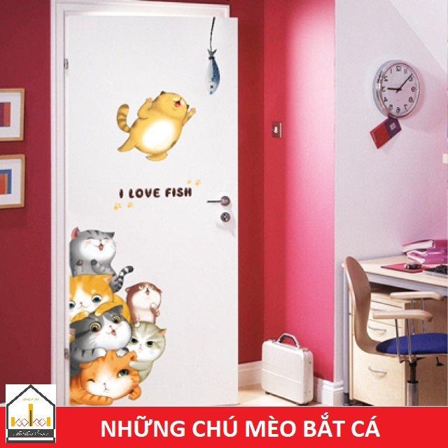 Decal dán trang trí góc tường, cửa phòng, tủ quần áo VIỀN CỬA MÈO BẮT CÁ