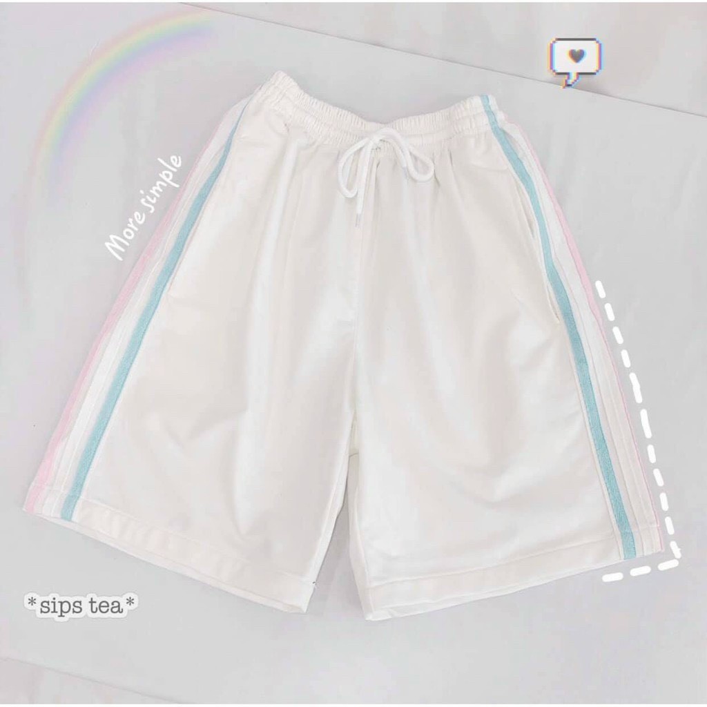 Quần short nữ ulzzang họa tiết 3 sọc trẻ trung độc đáo, Quần Short Đùi 3 Sọc RAINBOW Unisex,  Shorts ống rộng cạp chun trơn màu ĐEN | TRẮNG | XANH Ulzzang 