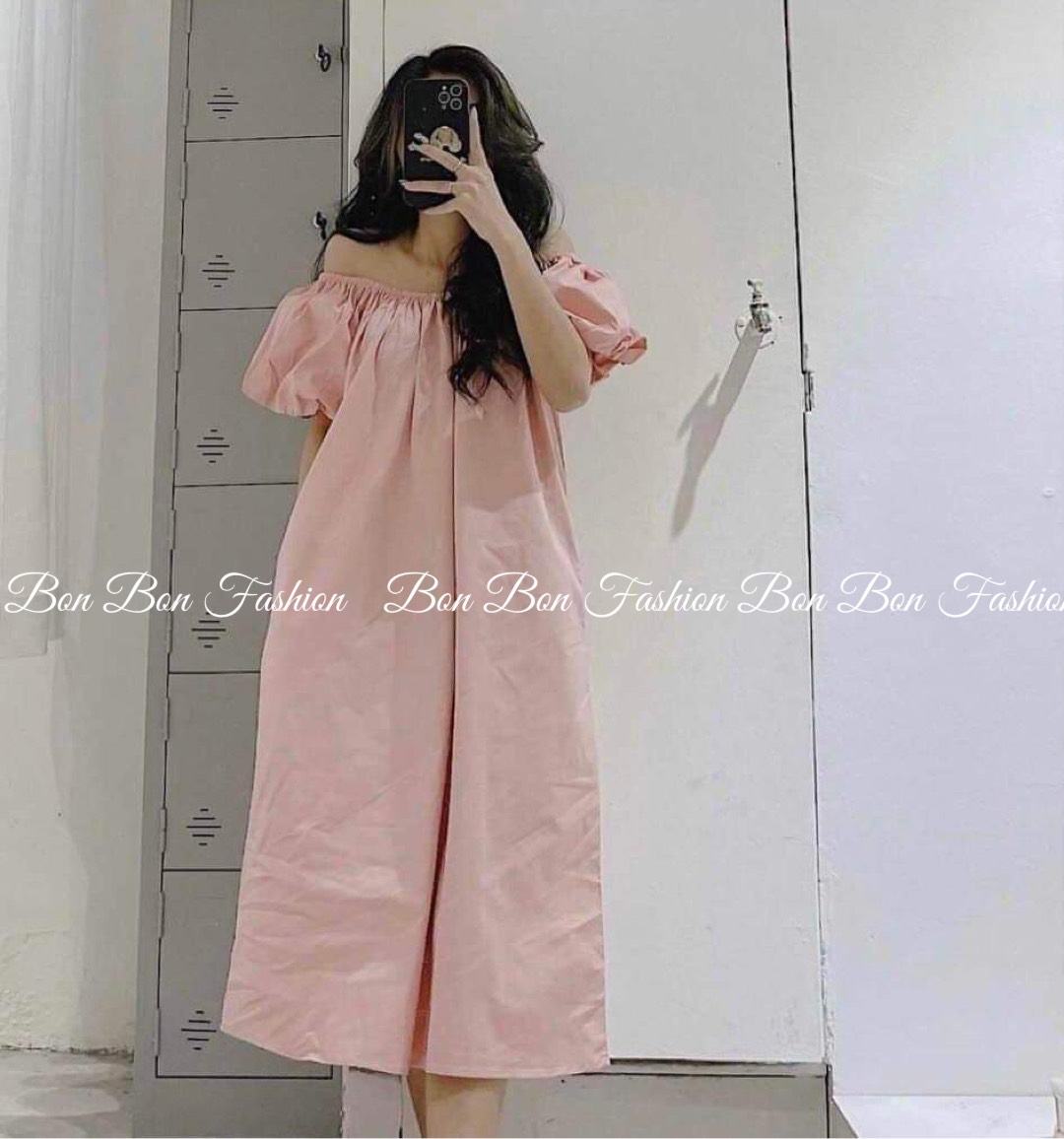 Váy thô nữ trễ vai hồng pastel cao cấp BB014