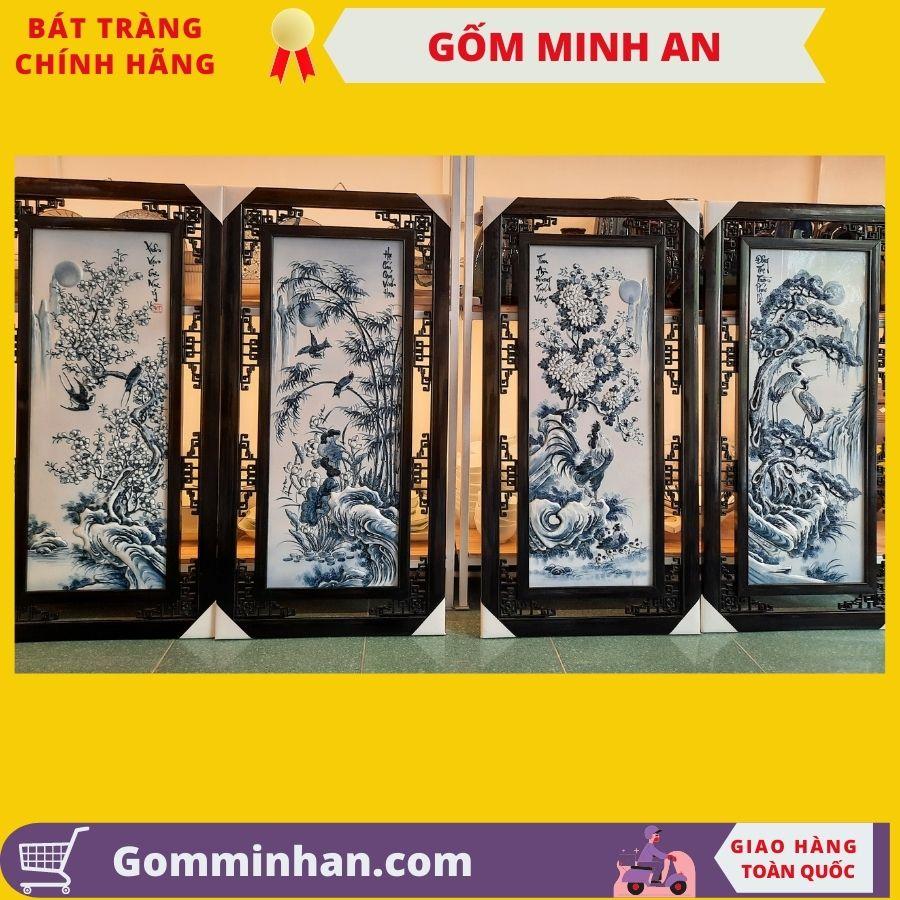 Tranh gốm sứ tứ quý vẽ Xuân Hạ Thu Đông đắp nổi men chàm cổ gốm sứ Minh An Bát Tràng kích thước 95x50cm