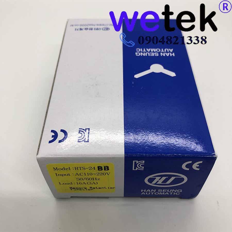 Timer 24h Hanseung, loại cơ, HTS 24 BB, có pin tự sạc, cài theo 10 phút, Hàn Quốc, cặp tiếp điểm ra 16A, 110Vac~220Vac
