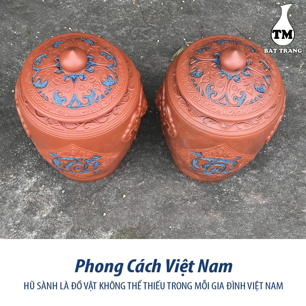 Hủ Sành Đựng Gạo Màu Nâu Đỏ Điêu Khắc Hoa Văn Mẫu Nắp Nhọn