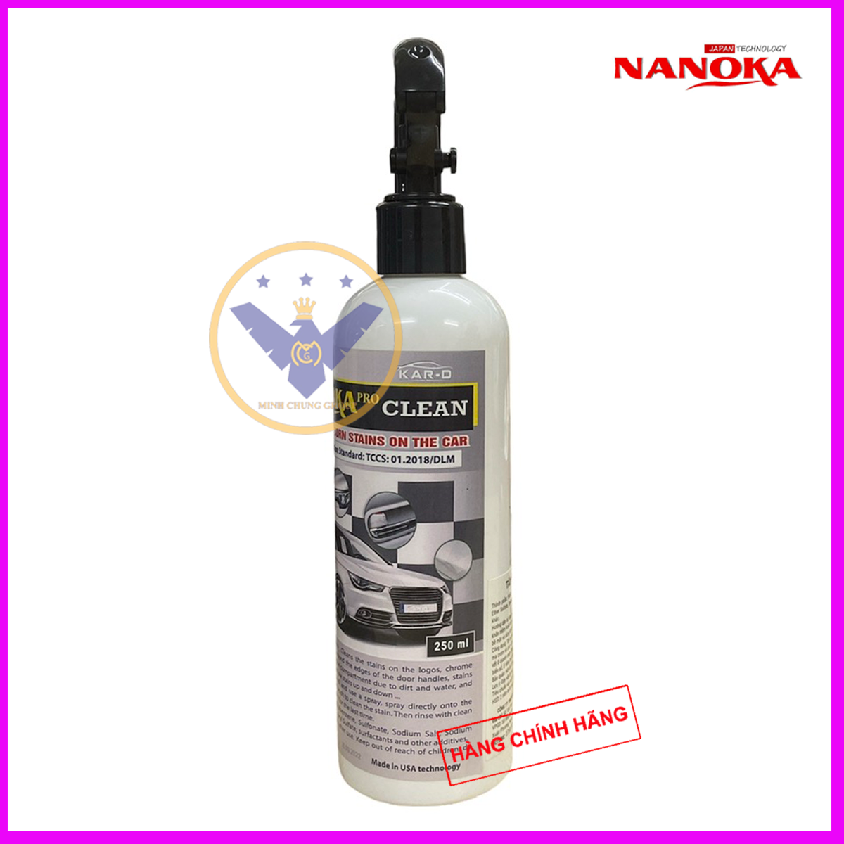 Tẩy ố kính ô tô, ố vàng lazang, logo, nẹp mạ crom Nanoka Clean 250ml