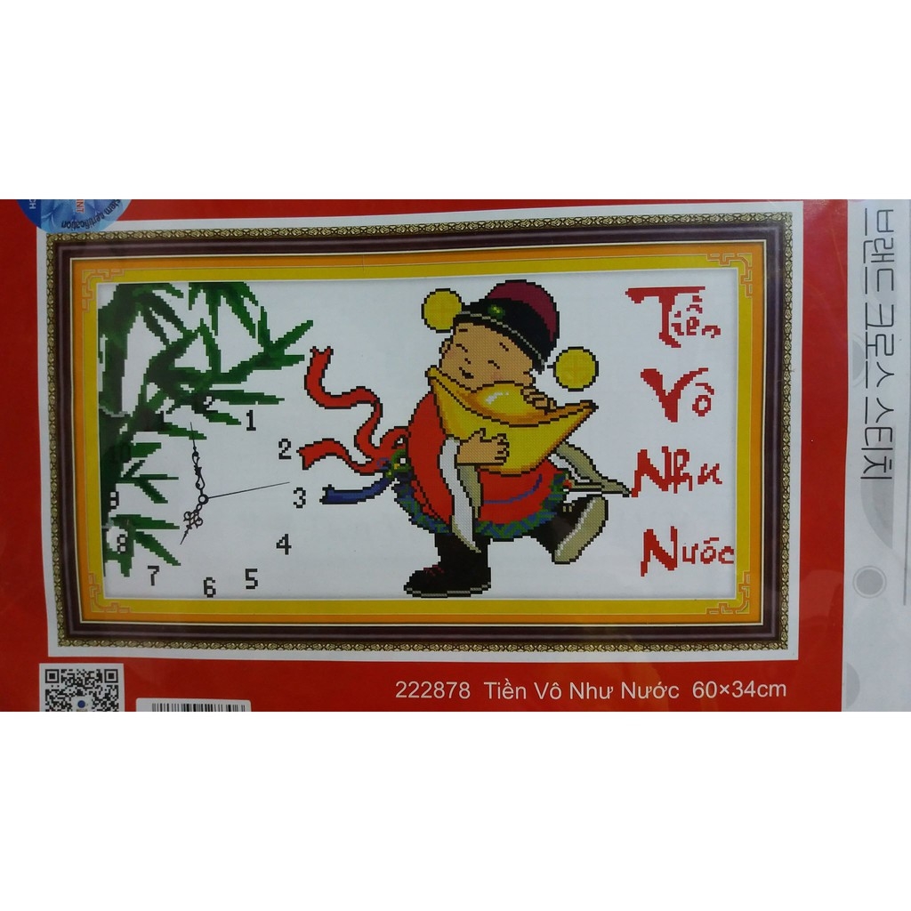 Tranh thêu chữ thập Đồng hồ- Thần Tài Tiền Vô Như Nước chưa thêu