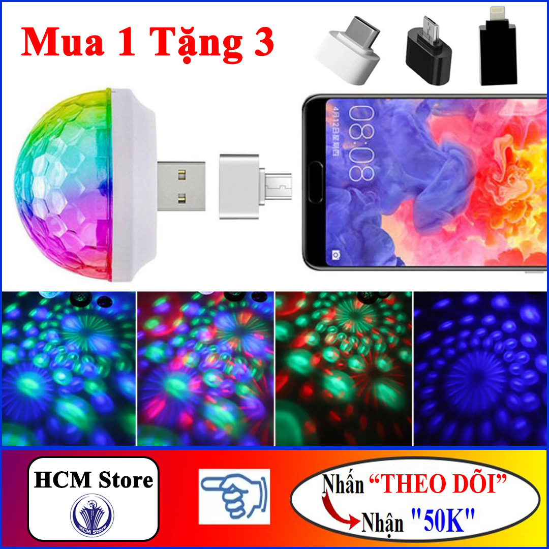 Bóng đèn Led USB cảm biến âm thanh đa sắc màu, chiếu phòng karaoke, sân khấu mini - Tặng đầu chuyển Android + Type-C + Lightning(Apple) sử dụng cho điện thoại