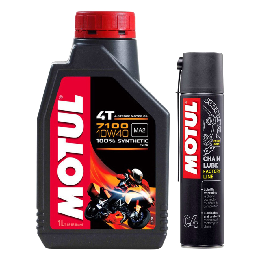 Combo Bình Nhớt Motul 7100 4T 10W50 (1L) Và Chai Xịt Bôi Trơn Sên Motul C4 (400ml)