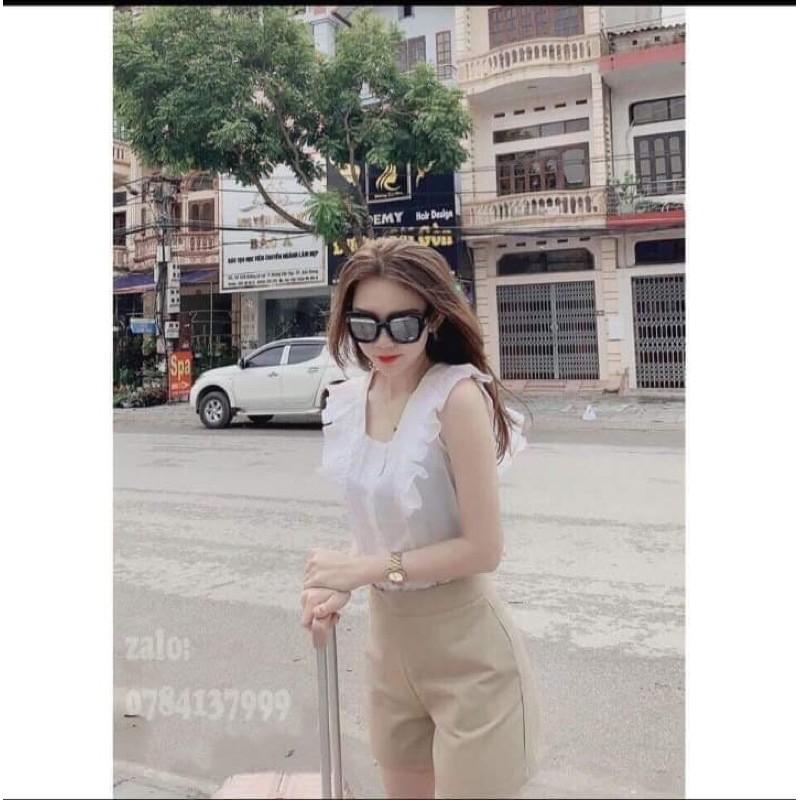 Sét áo cổ vuông bèo vai + quần sooc cạp cao BYO976