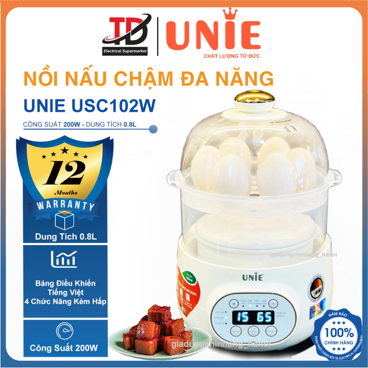 Nồi Nấu Chậm Đa Năng UNIE USC102W, Chưng Hấp, Hầm, Nấu Giữ Trọn Dưỡng Chất, Hàng Chính Hãng