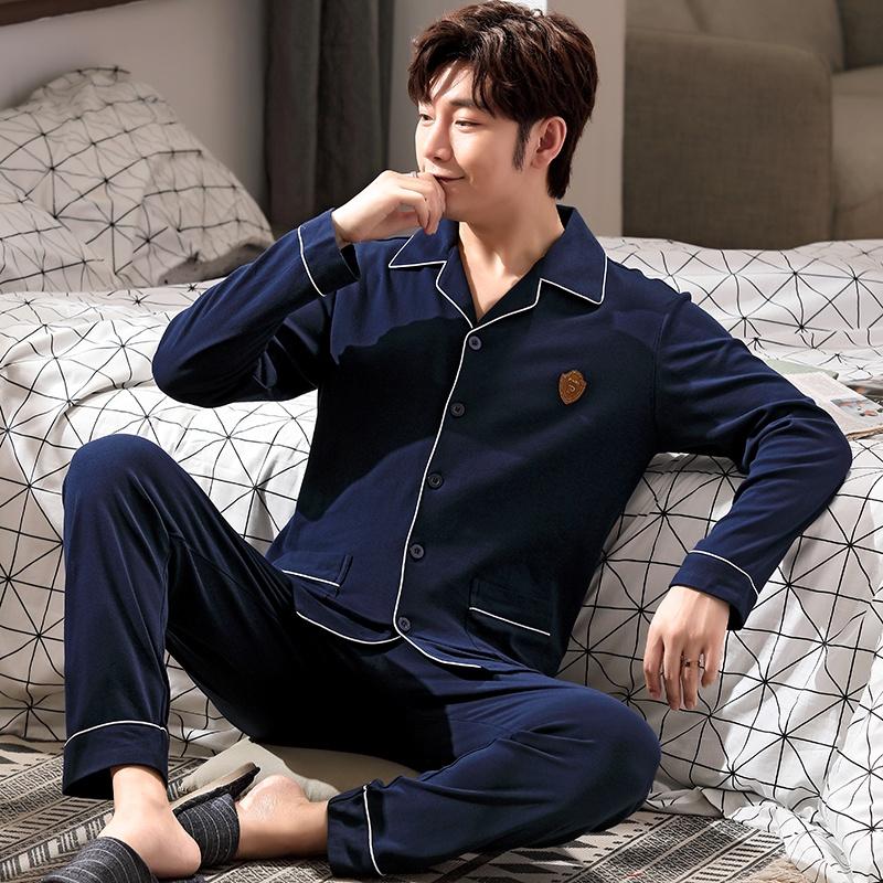 0113-Bộ Pijama nam dài tay cotton 100% màu xanh navy gọn dáng, phù hợp những ai thích đơn giản, sang trọng (M0113)