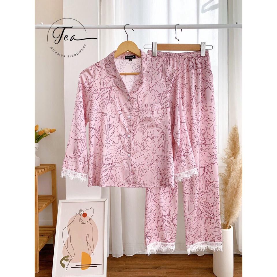 Bộ mặc nhà Pyjama lụa cao cấp Tea Store viền ren 3 màu siêu sang