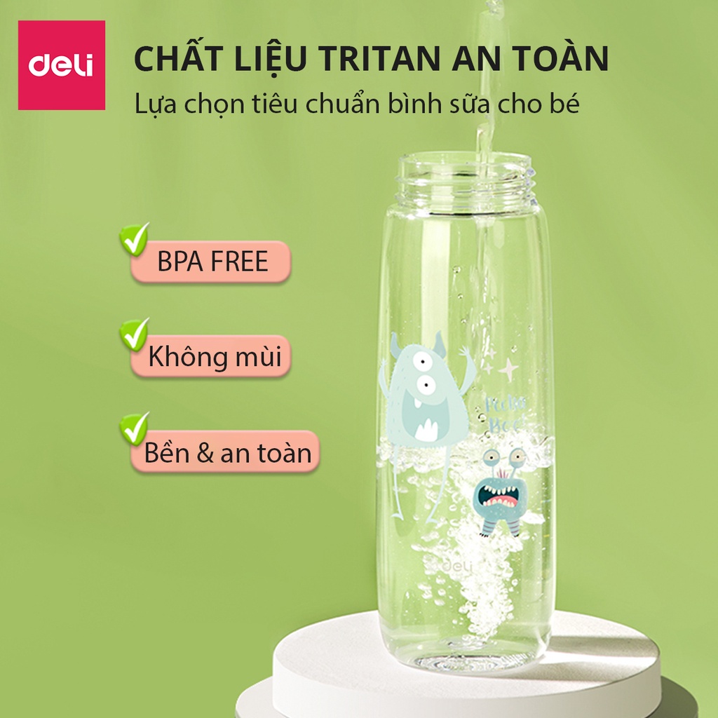 Bình Nước Bằng Nhựa Tritan Nắp Bật Có Khoá 480 600 ml Có Chia Vạch Nước Họa Tiết Dễ Thương Deli - BPA Free An Toàn Cho Sức Khỏe - Phù Hợp Bình Nước Thể Thao Cho Bé Tới Trường - 17661 17662