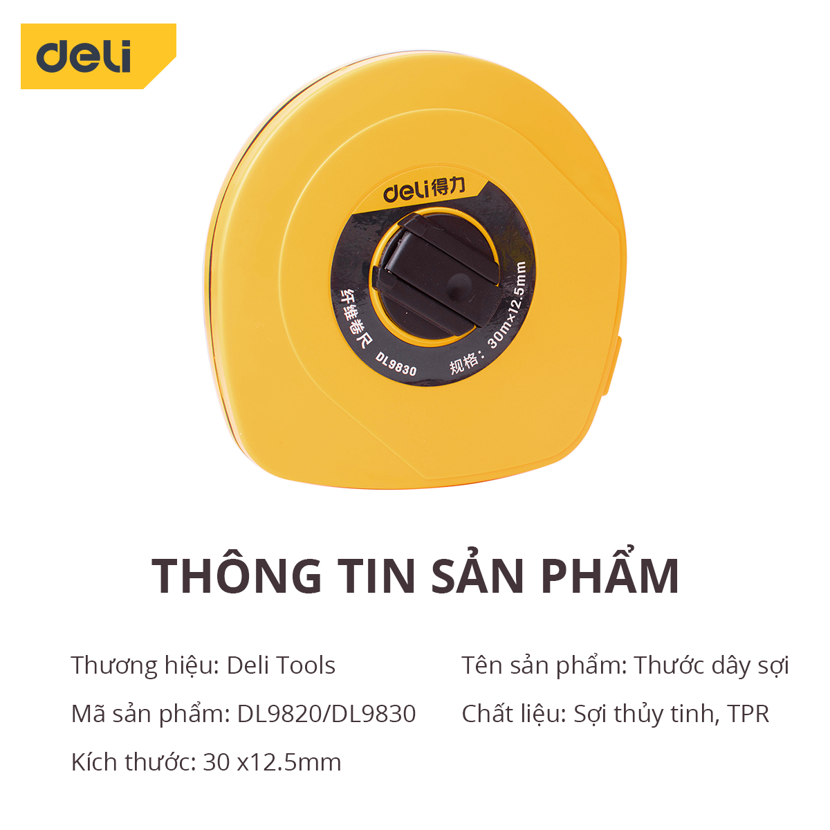 Thước Dây Cuộn Deli Sợi Thủy Tinh Cao Cấp, Chống Đứt Gãy, Chống Kéo Căng - Độ Dài 20m/30m Sử Dụng Đa Mục Đích - DL9820