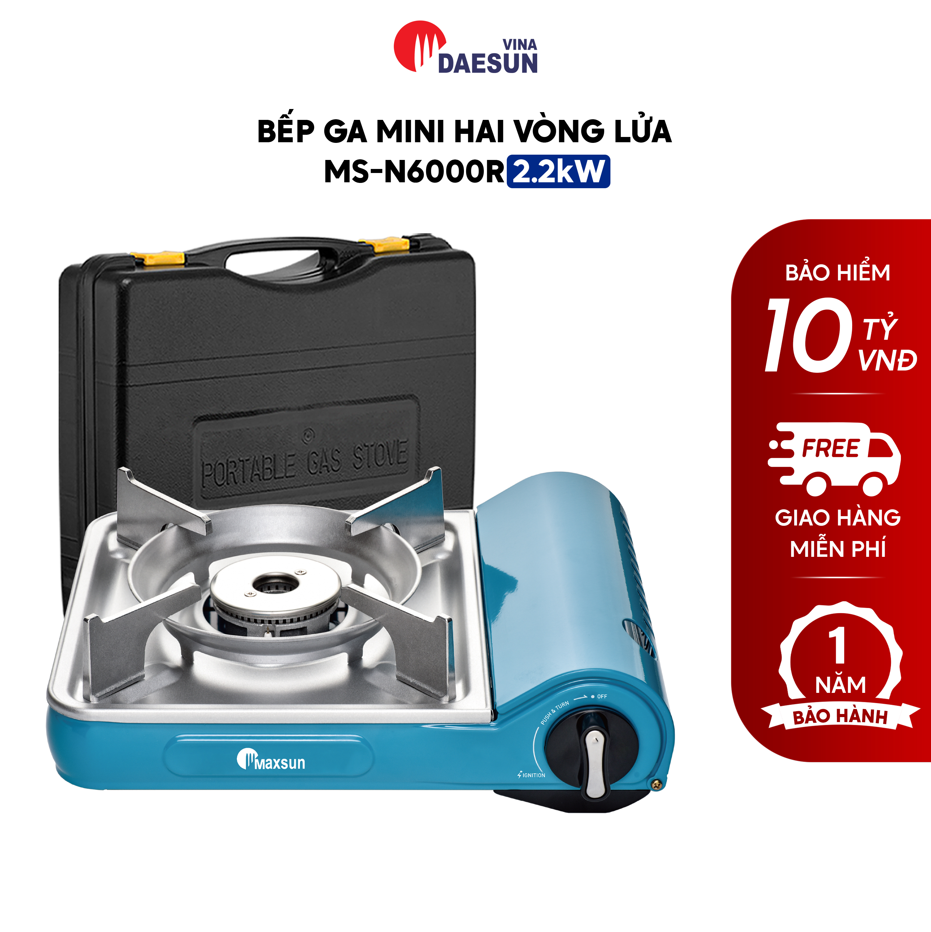 Bếp Ga Mini Maxsun MS-N6000R - Công Suất 2200W | Hai Vòng Lửa | Nhôm Nhẹ Cao Cấp - Inox Chổng Rỉ | Bảo Hiểm Chống Nổ | Hàng Chính Hãng