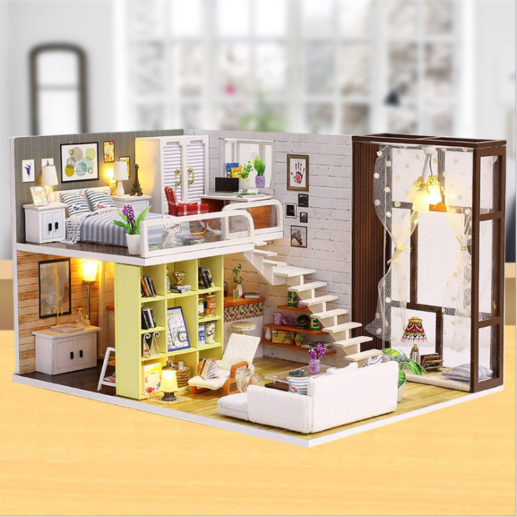 Mô hình nhà DIY Doll House Contracted City Kèm Đèn LED và Mica chống bụi