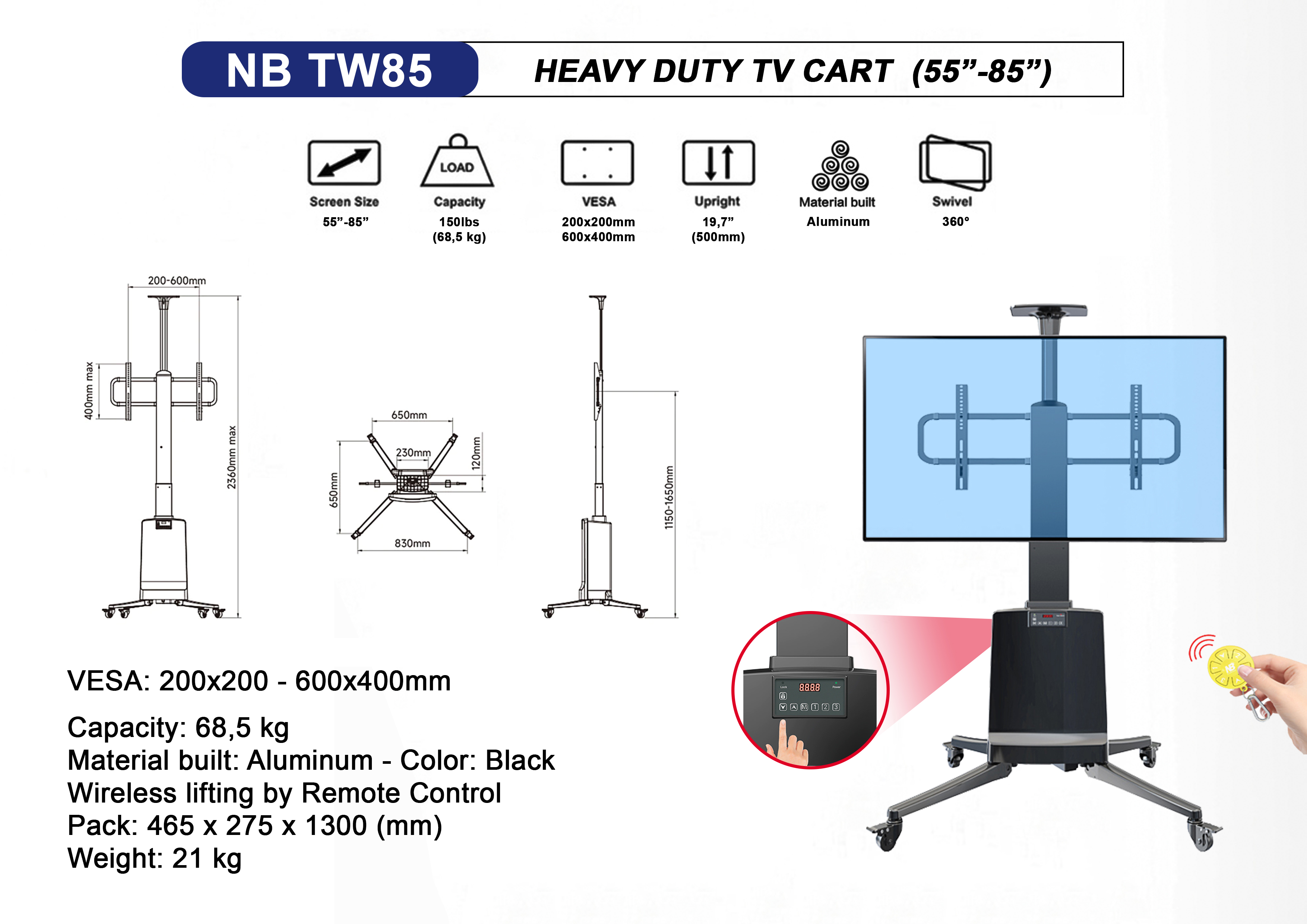 Giá Treo Tivi Di Động NB TW85 nâng hạ điện tử tự động HÀNG CHÍNH HÃNG NORTHBAYOU đầy đủ CO,CQ