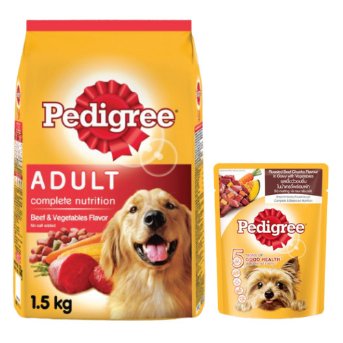 Combo thức ăn cho chó Pedigree 1,5kg vị thịt bò và rau củ + sốt chó lớn Pedigree 80g vị bò nướng và rau