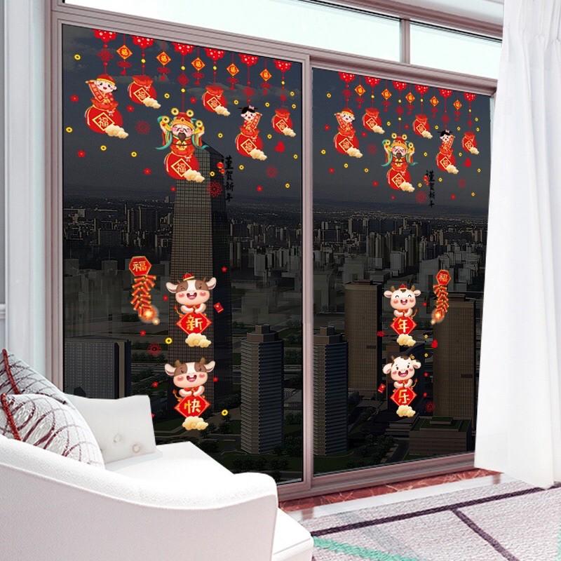 Decal Tết DÁN CỬA LỚN - Rèm túi tiền phối 4 trâu sữa bảng hỷ