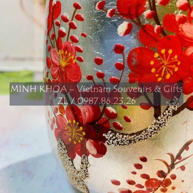 Bình Sơn Mài Lọ Hoa Quả Bầu Vẽ Hoa Đào Cẩn Trứng 17 cm - Vietnamese Lacquer Vase