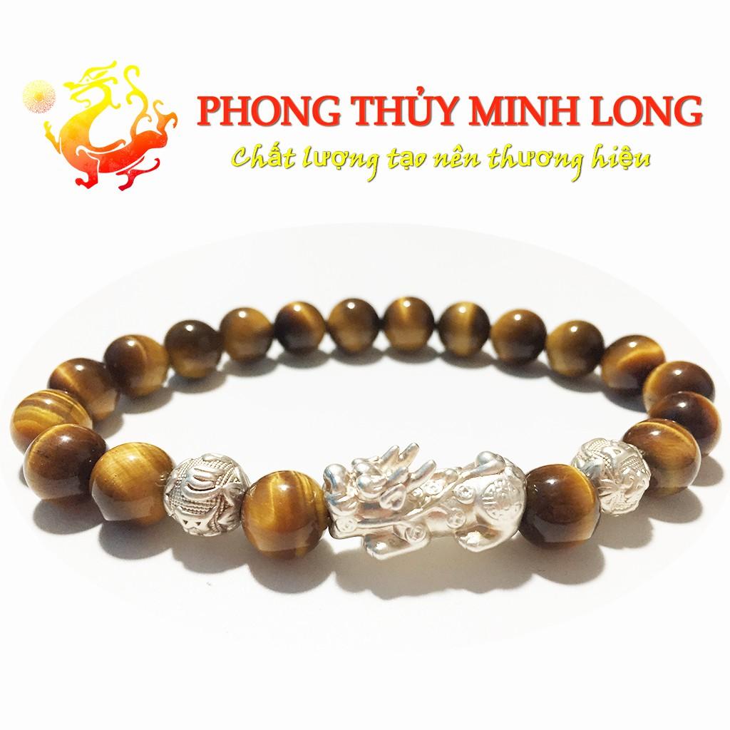 Vòng tay đá mắt hổ Vàng Nâu 5A mix Tỳ Hưu và 2 hạt kim tiền Bạc hợp mệnh Kim và Thổ