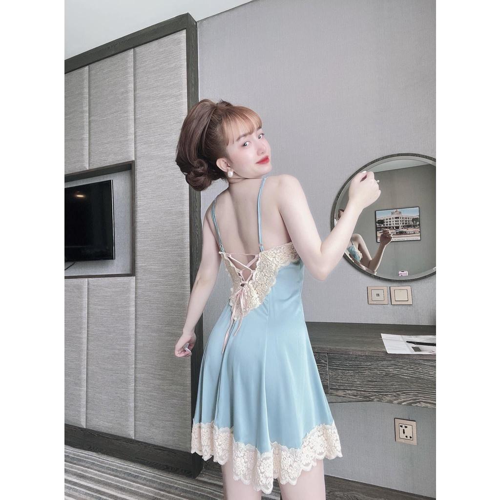 Váy ngủ 2 dây gợi cảm - Đầm ngủ sexy phối ren kèm quần dây thắt nơ trước ngực