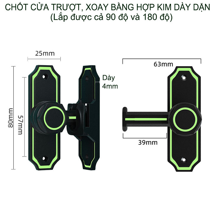 Chốt khóa cửa bằng hợp kim HK02 dày 4mm, dùng cho cửa trượt, xoay loại 90 và 180 độ đều được