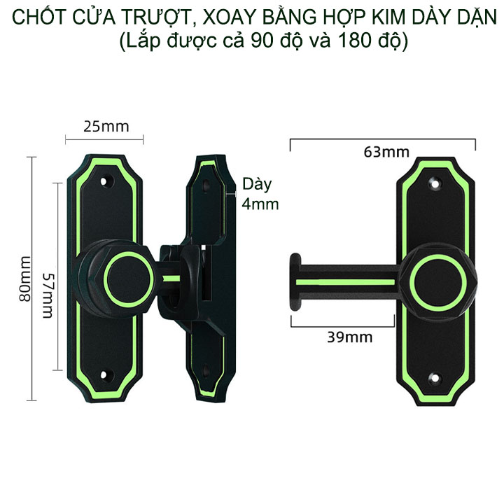 Chốt cửa trượt, xoay chống trộm HK02 bằng hợp kim dày dặn, lắp được cả 90 và 180 độ