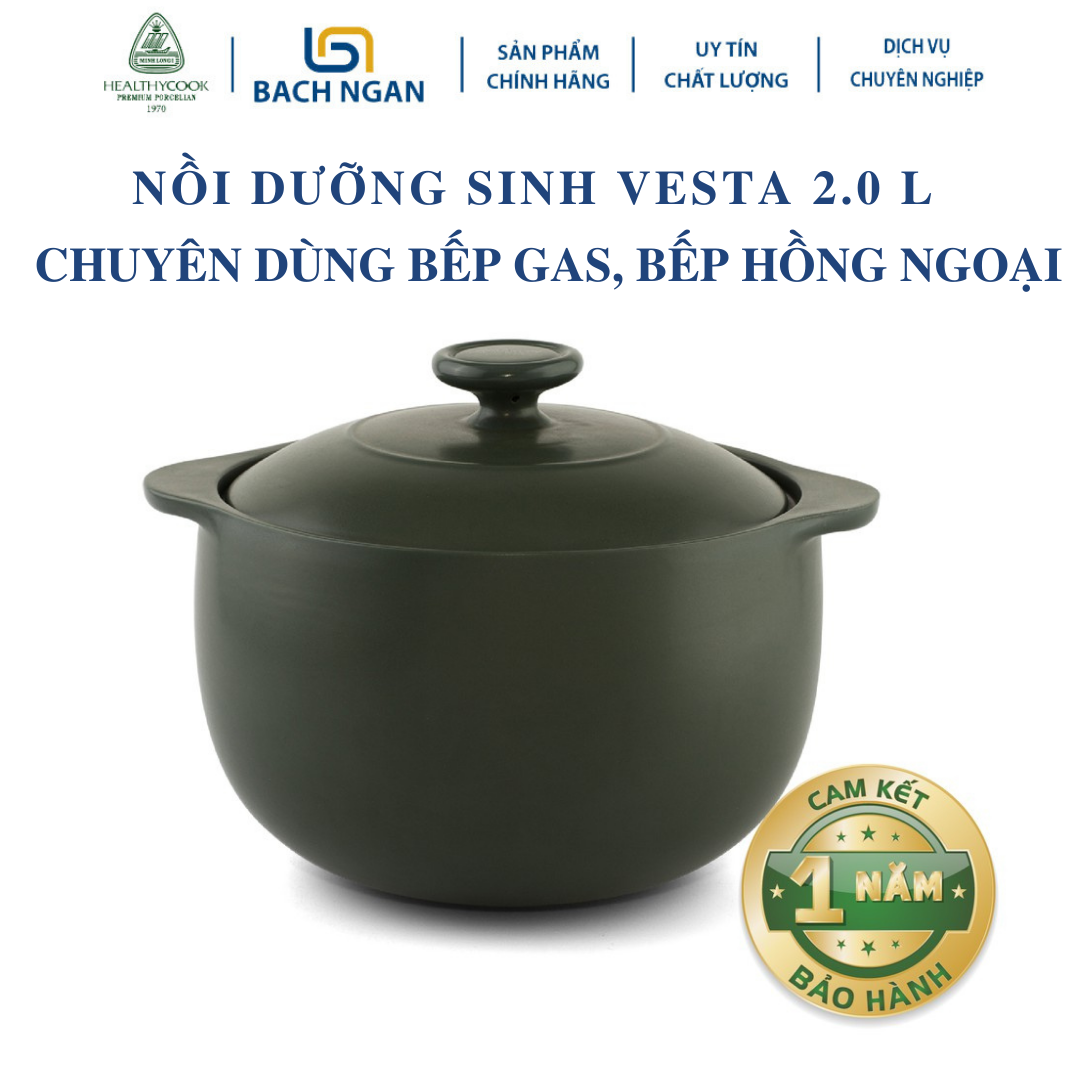 Nồi Sứ Dưỡng Sinh Minh Long - Vesta 2.0 L - dùng cho Bếp Ga, Hồng Ngoại có nắp đậy, tráng men màu sứ xanh rêu, có thể kho cá, hầm cháo - nồi đất