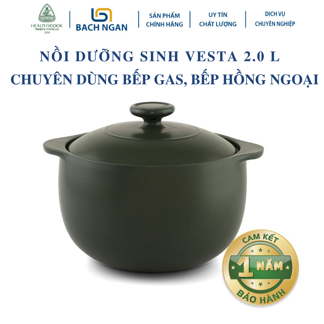 Nồi Sứ Dưỡng Sinh Minh Long Vesta 2.0 L dùng cho Bếp Ga, Hồng Ngoại có nắp đậy, tráng men màu sứ xanh rêu, có thể kho cá, hầm cháo - nồi đất