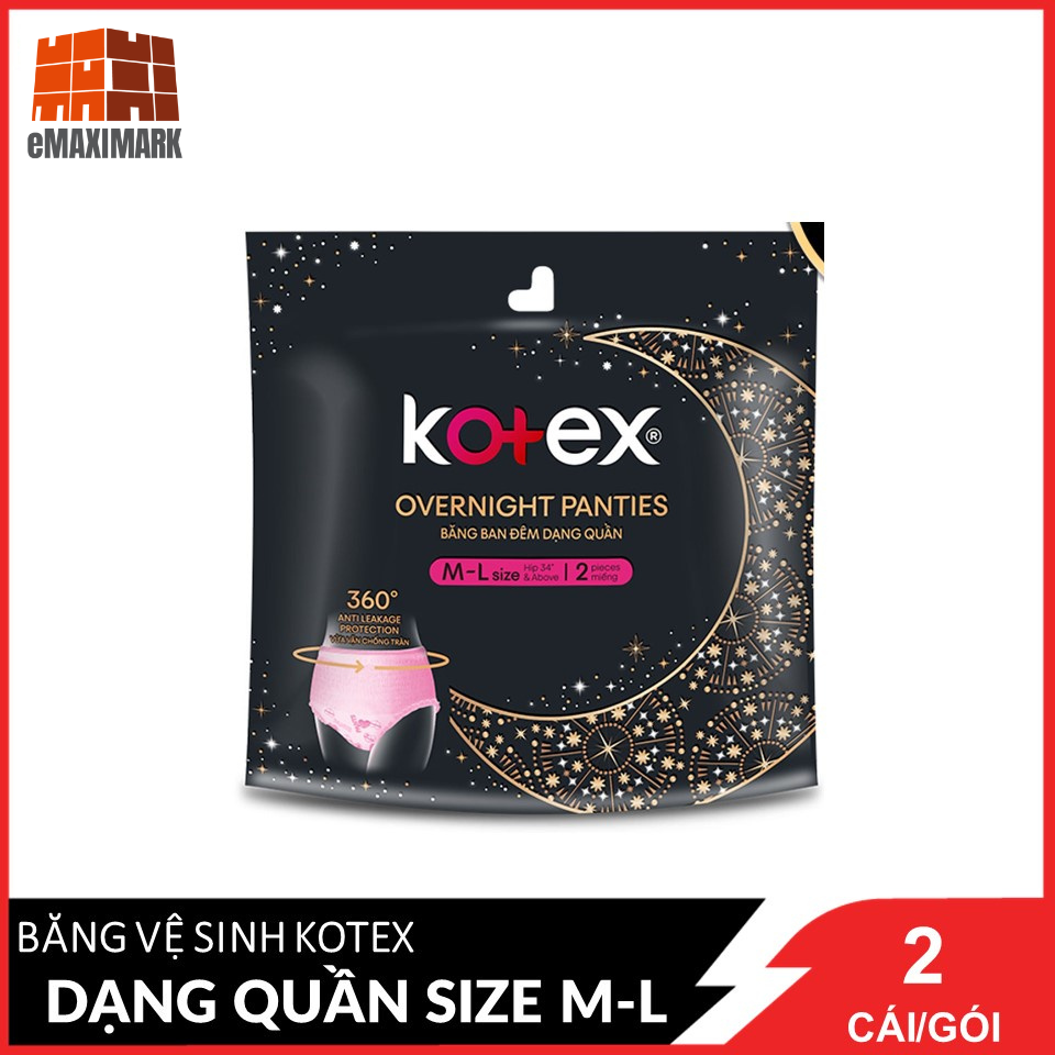 Combo 2 Băng vệ sinh Kotex Đêm dạng quần vừa vặn chống tràn 360 size ML (2 miếng/gói)