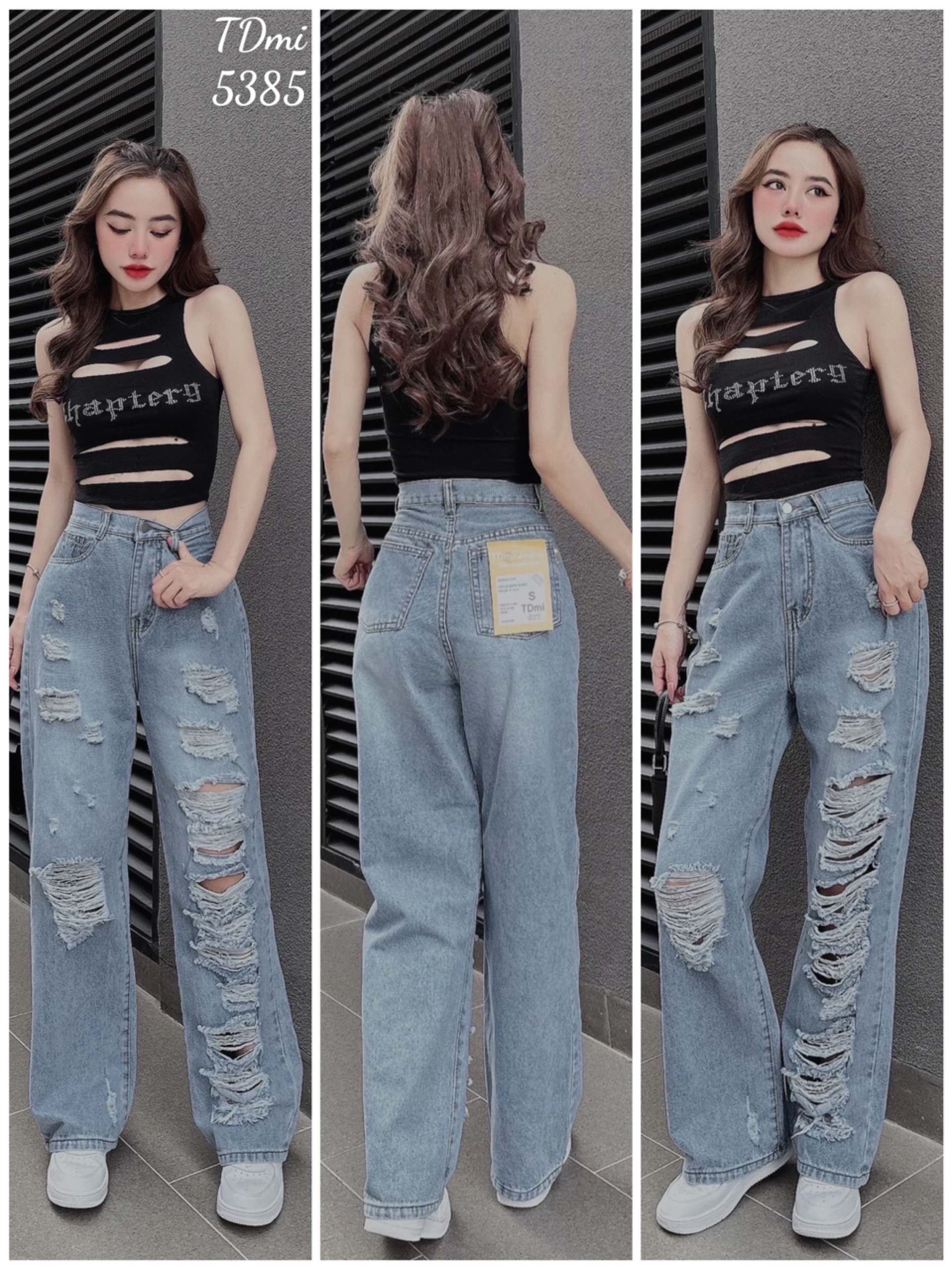 Quần Baggy Jean Nữ Lưng Cao Rách Kiểu Lai Cuốn Vải Bò Nữ Ulzzang Phong Cách Thời Trang