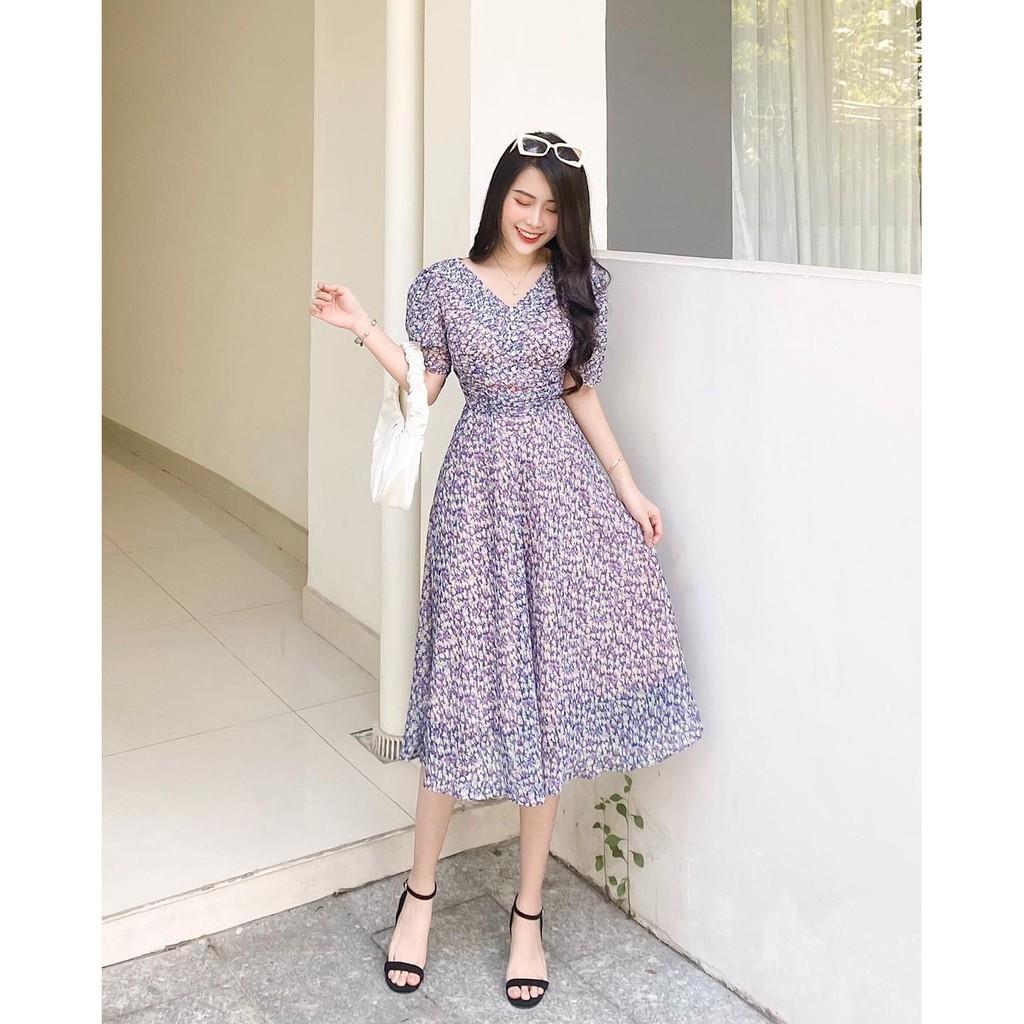 ĐẦM XANH TÍM HOA NHÍ CỔ TIM PHỐI NÚT CƯỜM TRẮNG TAY LỠ NHÚN EO DÁNG XÒE--hình thật shop chụp